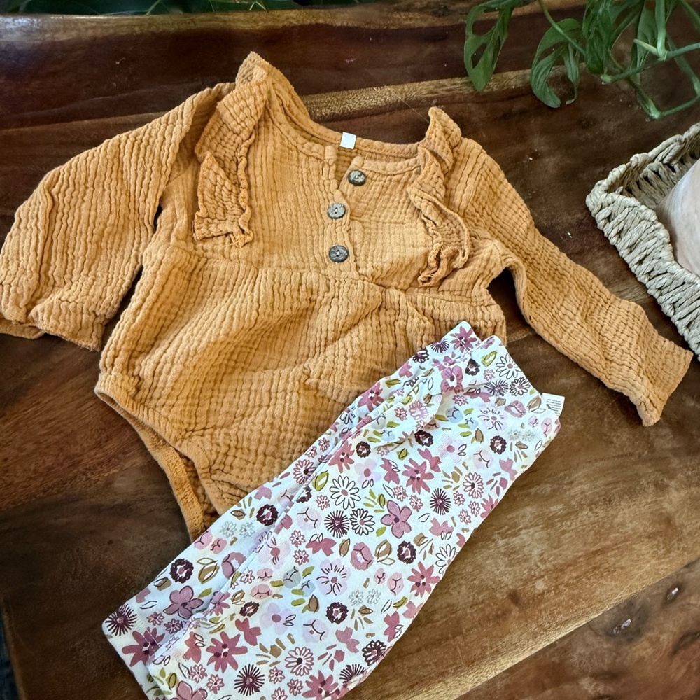 Orange Ruffled Baby Romper with Floral Pants